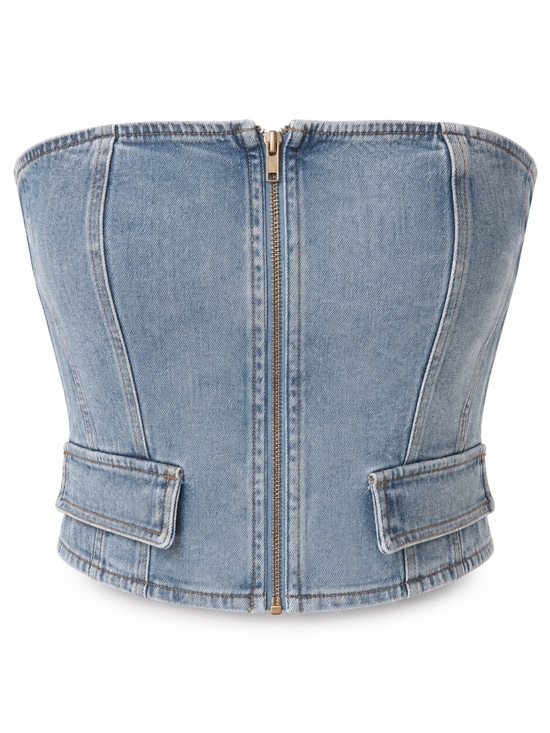 Camellia Tops - Light Wash Denim Strapless Corset Top